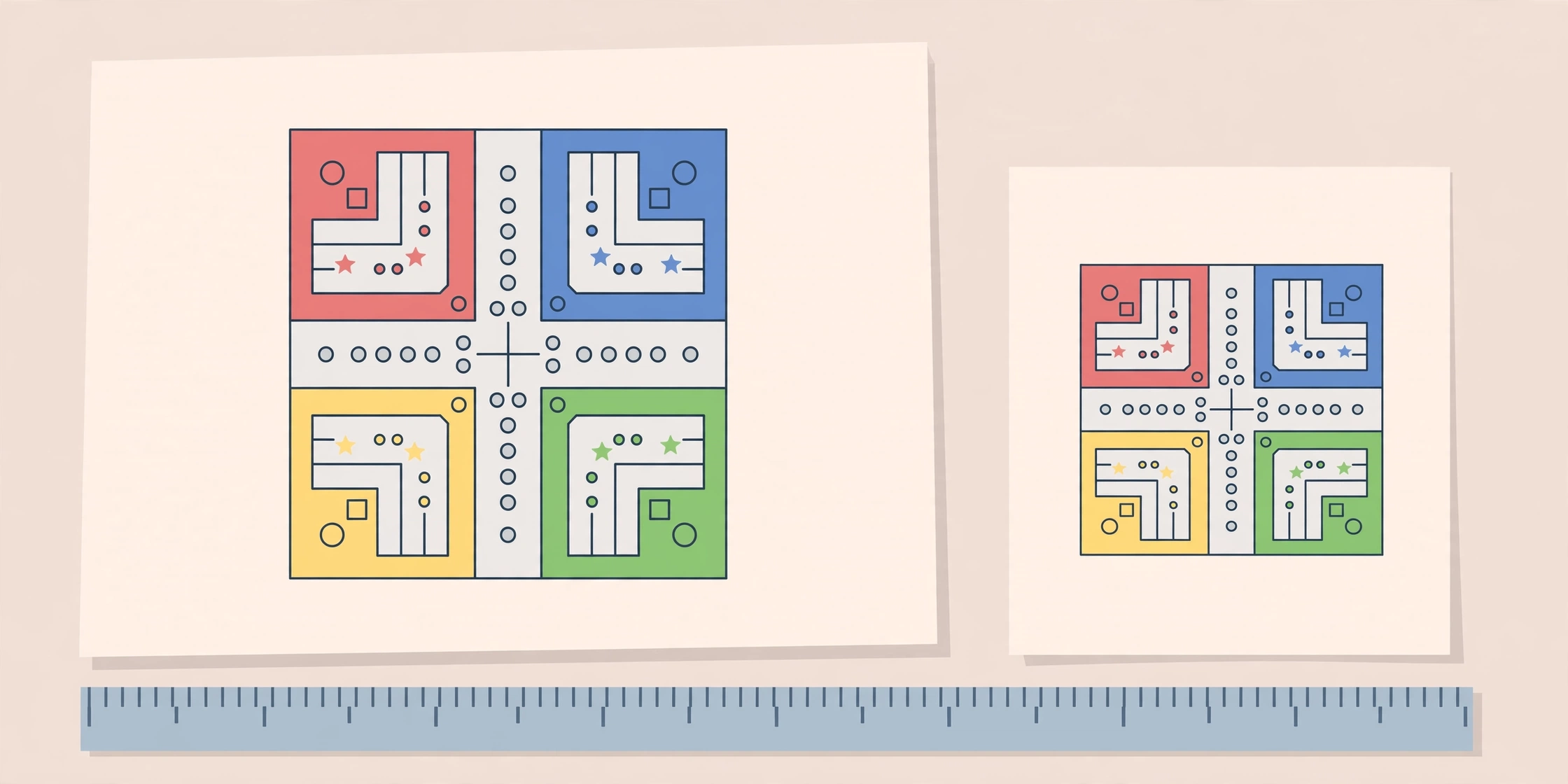 Size comparison of large and small paper sheets with printed Ludo boards and a ruler