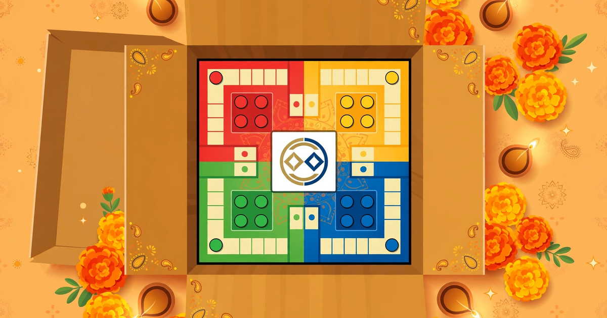 Flat vector illustration of an open Diwali gift box revealing a colorful custom Ludo board with a company logo in its center, marigold flowers and diyas around it