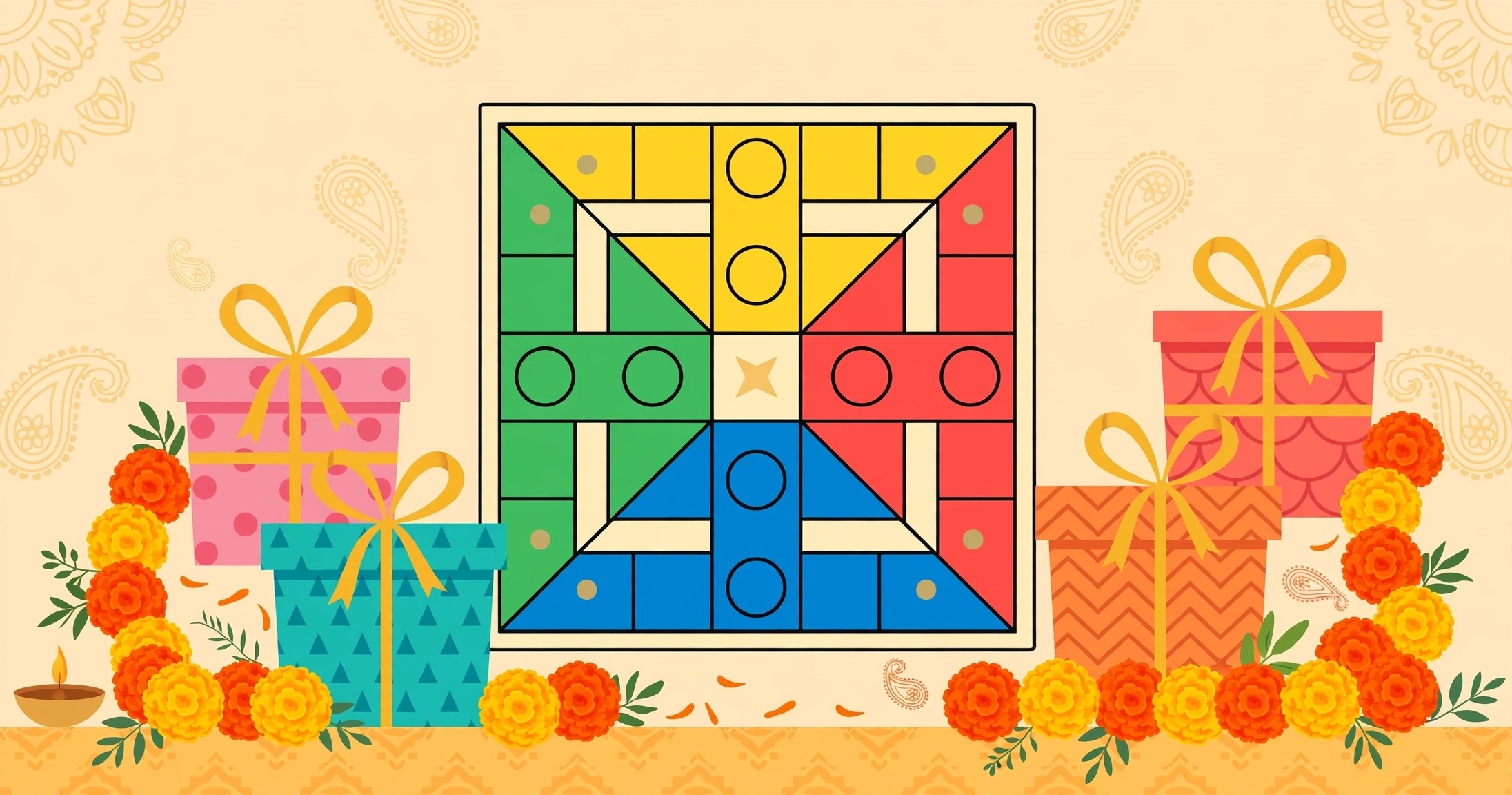 Colorful custom Ludo board gift boxes with golden ribbon for an Indian wedding