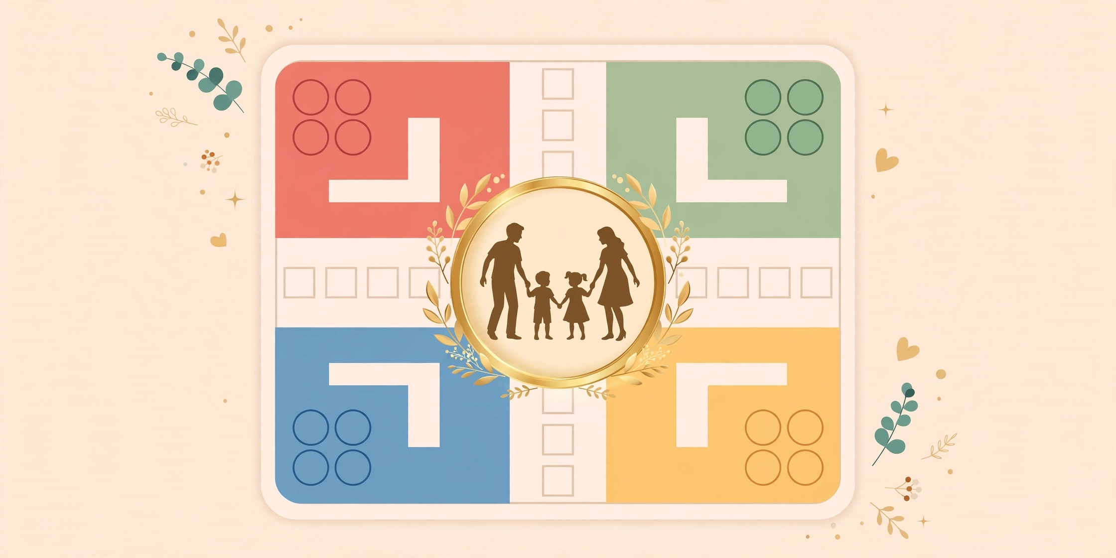 Ludo board with a round golden photo frame medallion in the center showing a family