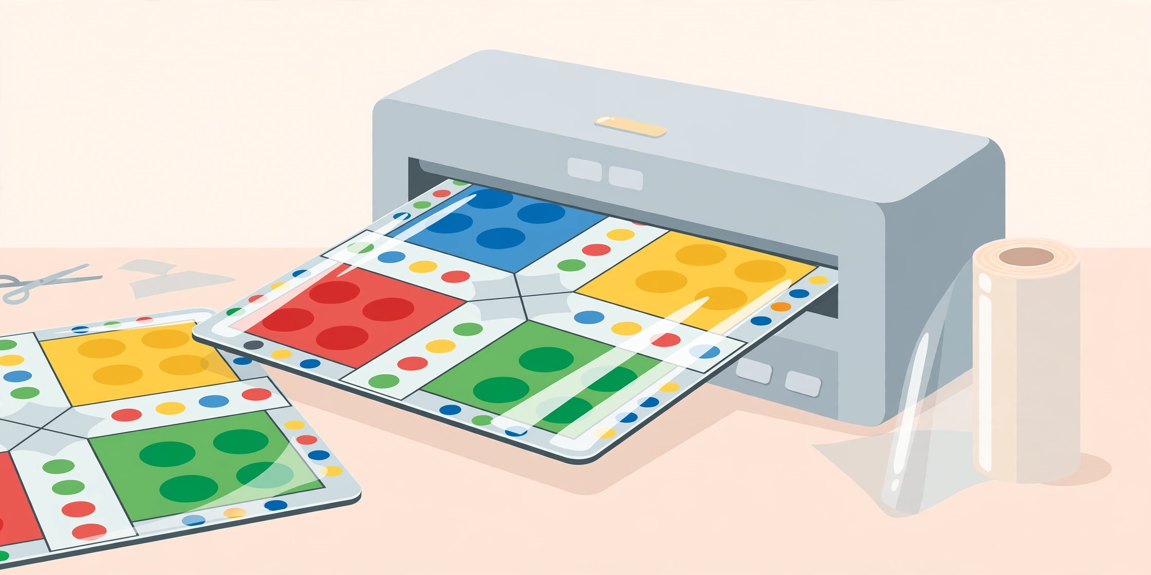 Glossy laminated Ludo board with light reflections beside a laminating machine