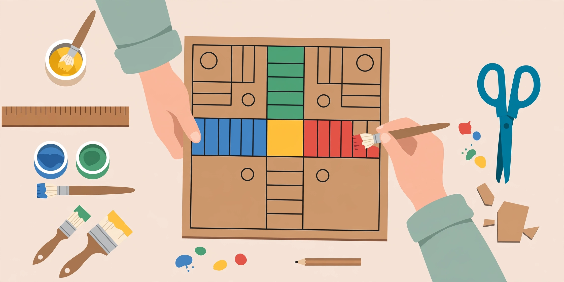 Hands crafting a Ludo board from cardboard with paint, scissors and ruler
