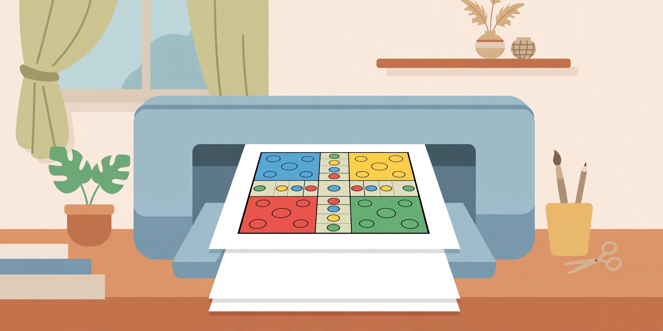 Home printer printing a colorful Ludo board on A4 paper sheets