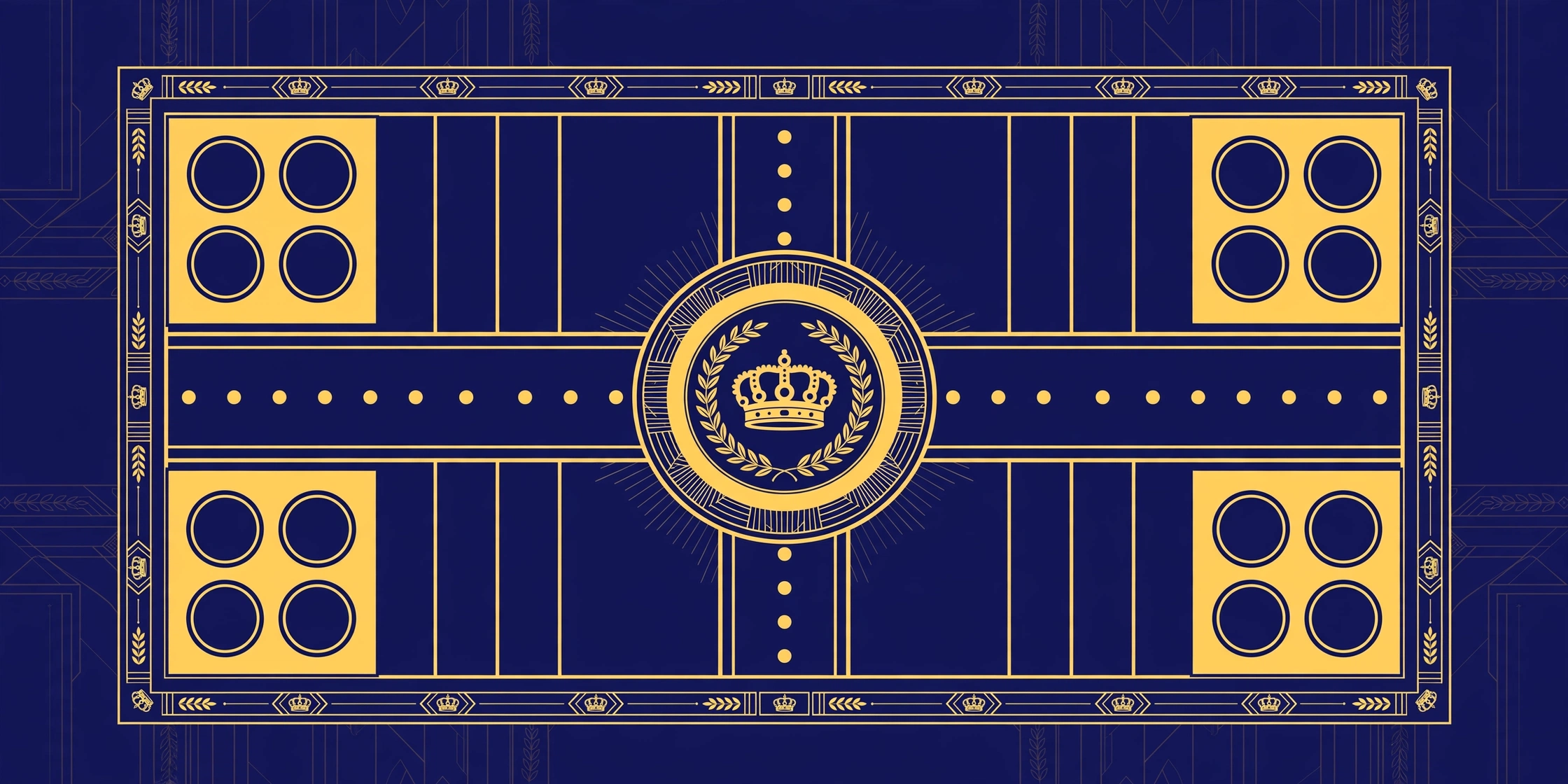 Premium Ludo board in deep navy blue and royal gold colors with crown motif