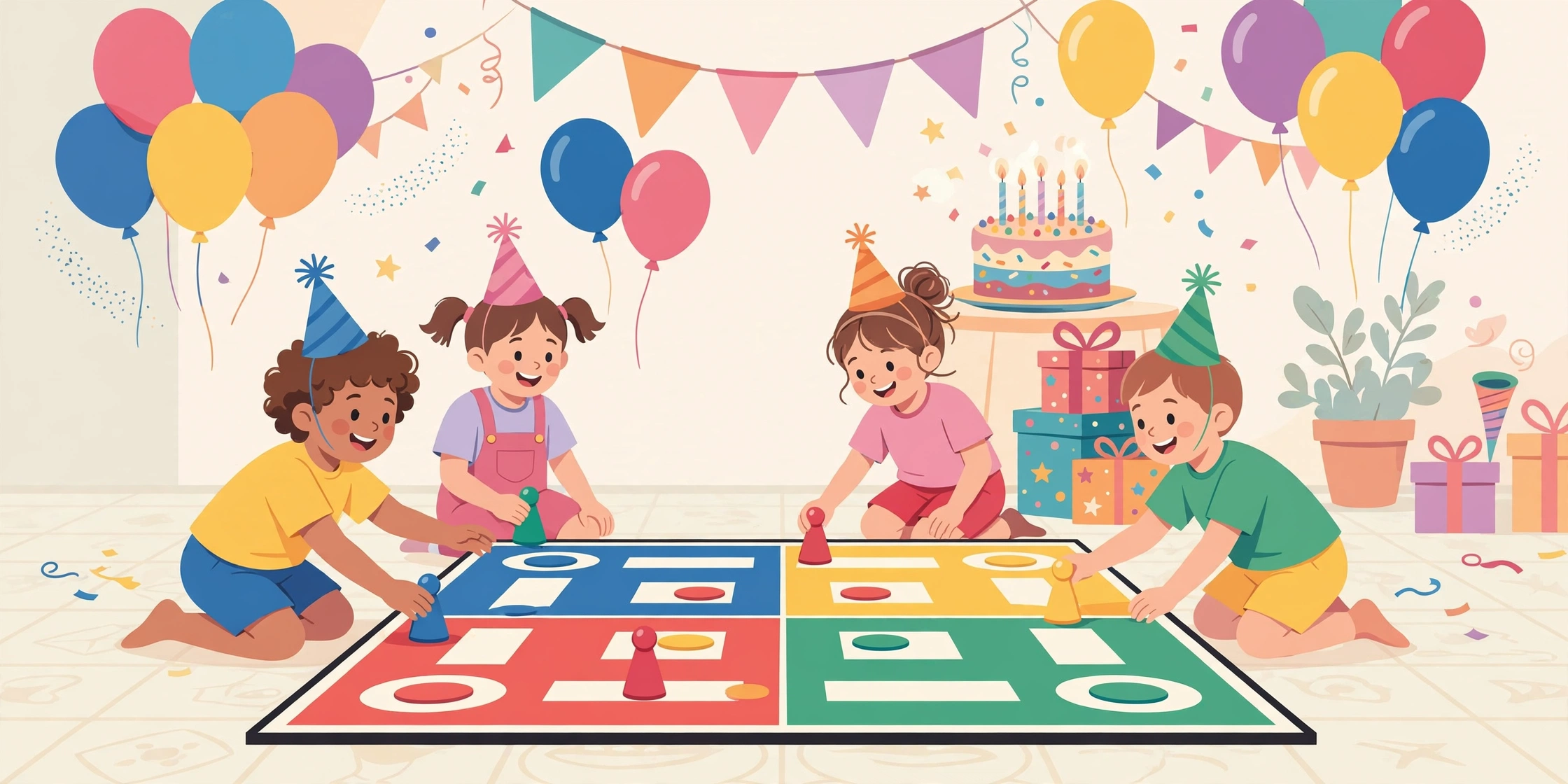 Happy children at a birthday party playing on a giant colorful Ludo board with balloons