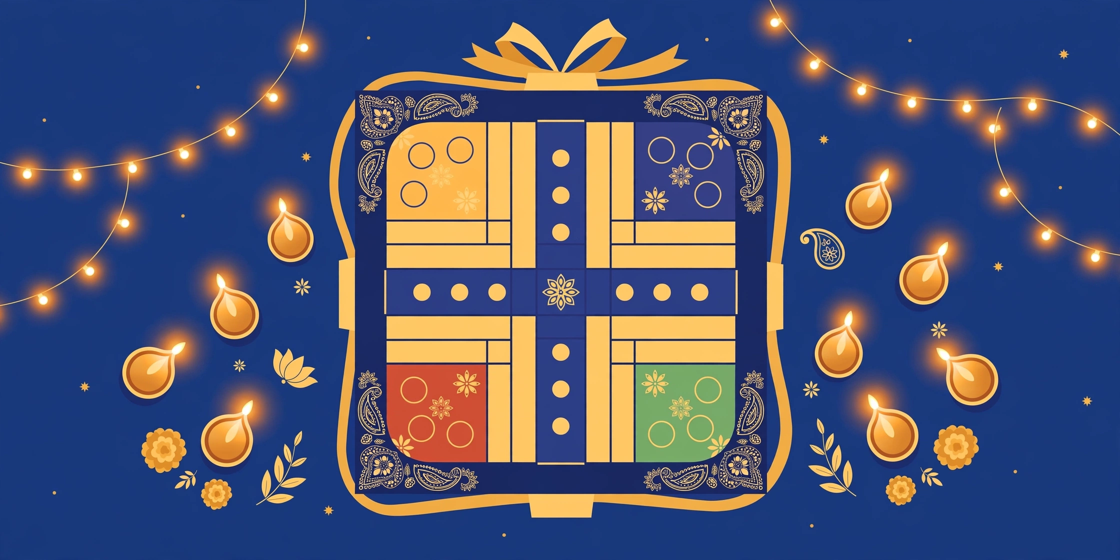 Decorated personalized Ludo board Diwali gift with glowing diyas