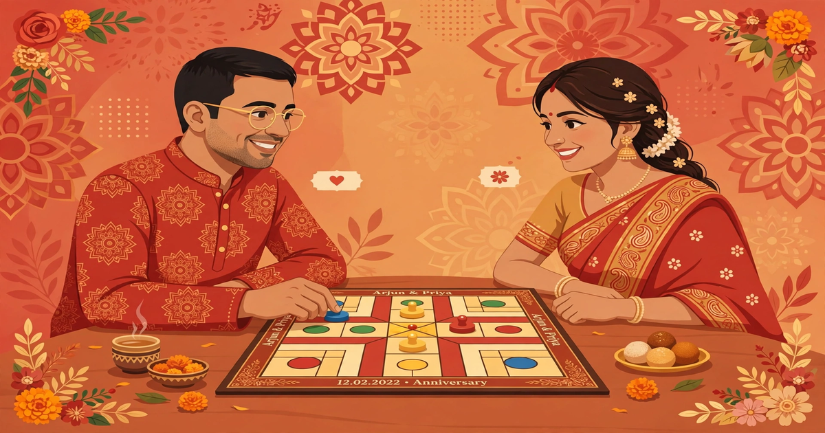 Flat vector illustration of a smiling couple playing Ludo on a personalized anniversary board with their names and wedding date printed on it, warm festive colors