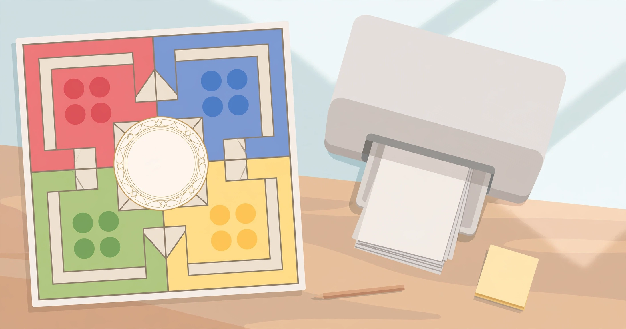 Ludo board template with elegant family name medallion beside a home printer