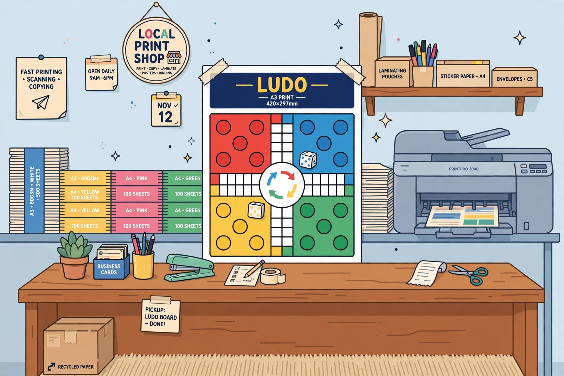 Flat vector illustration of a local print shop counter holding a large colourful A3 Ludo board print